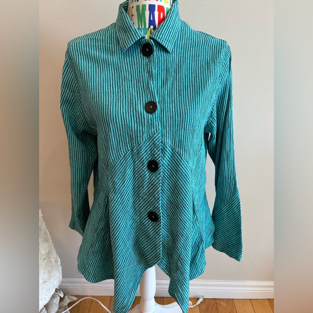Mill Valley Teal Button-Down Women's Shacket/Top Cotton Linen Blend Lagen Look